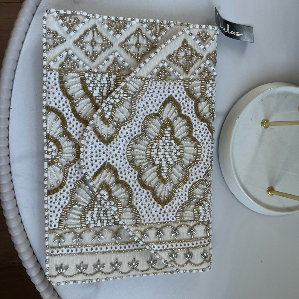 Lux Elegant Gold and White Beaded Envelope Clutch